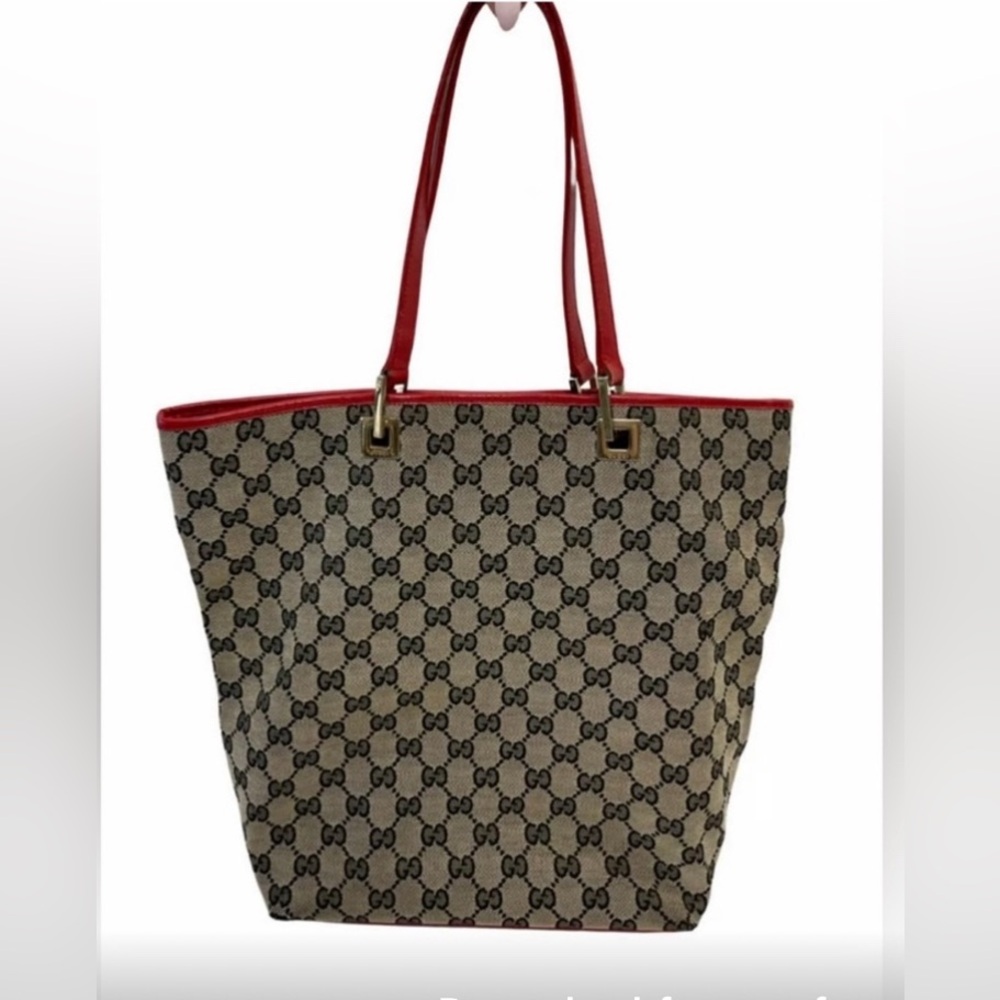 Gucci Monogram Red and Brown Canvas and Leather Open Tote